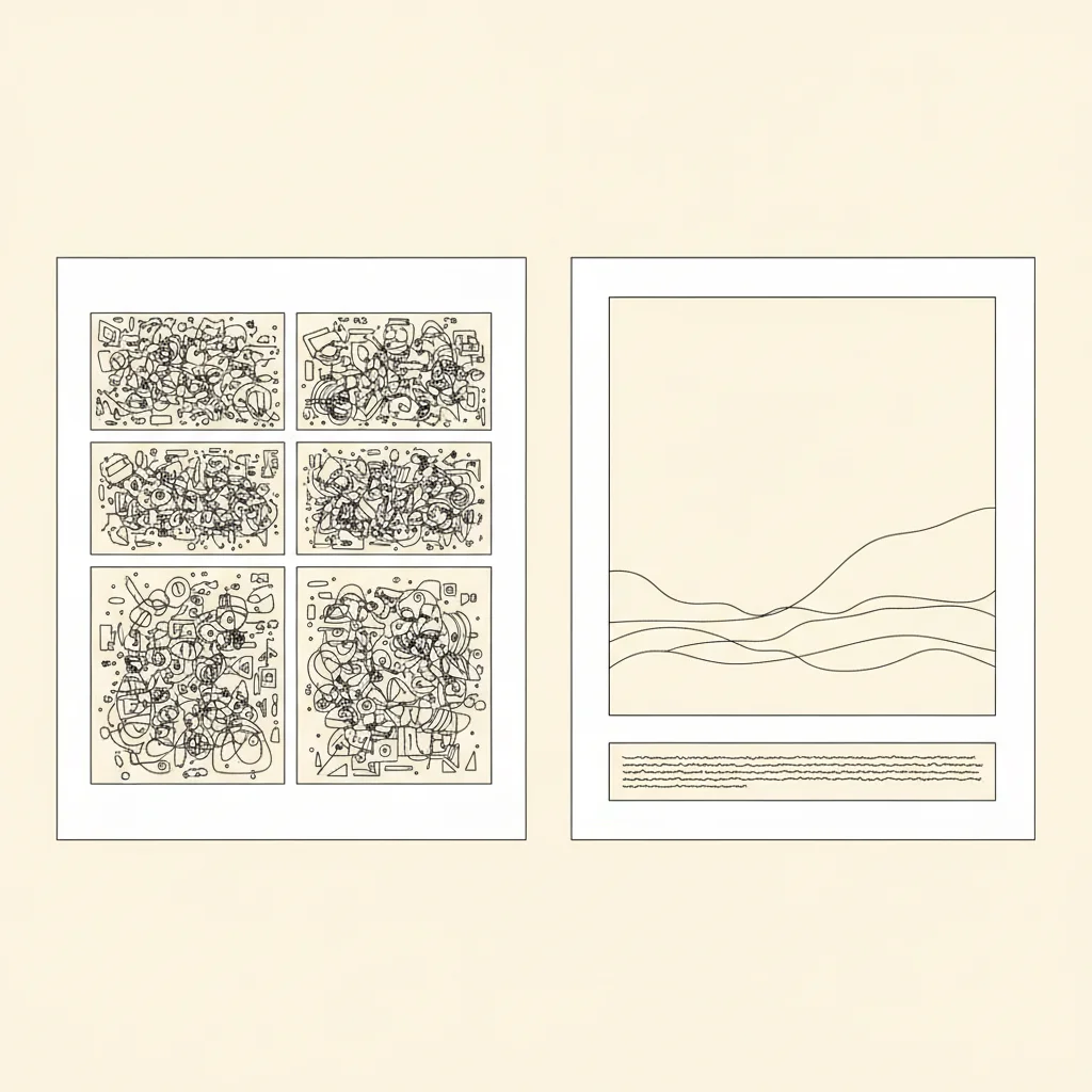 Two page layouts, left divided into six small busy panels, right a single large calm image with a text strip beneath, flat line-art diagram
