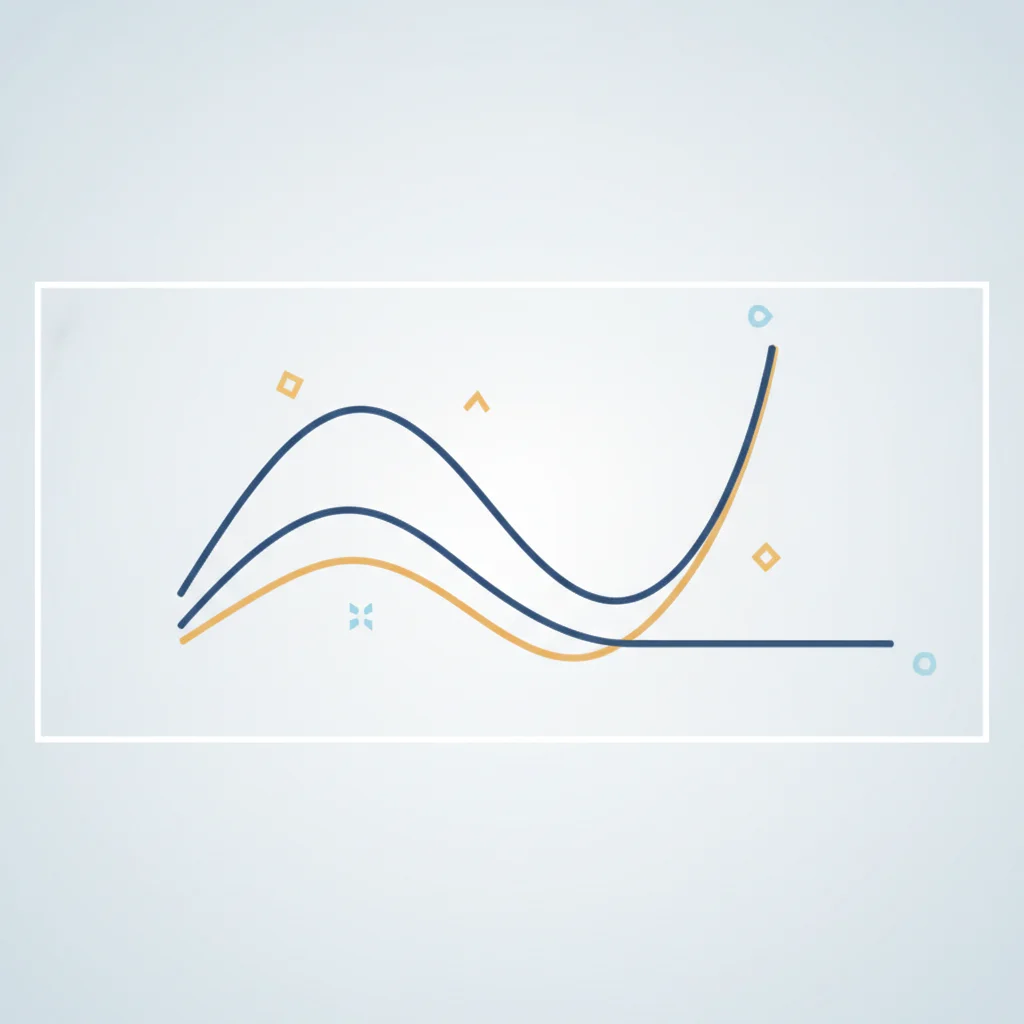 Line graph of a gentle arc rising then settling to a flat resting line, compared against a faded line that rises sharply at the end, navy and amber palette