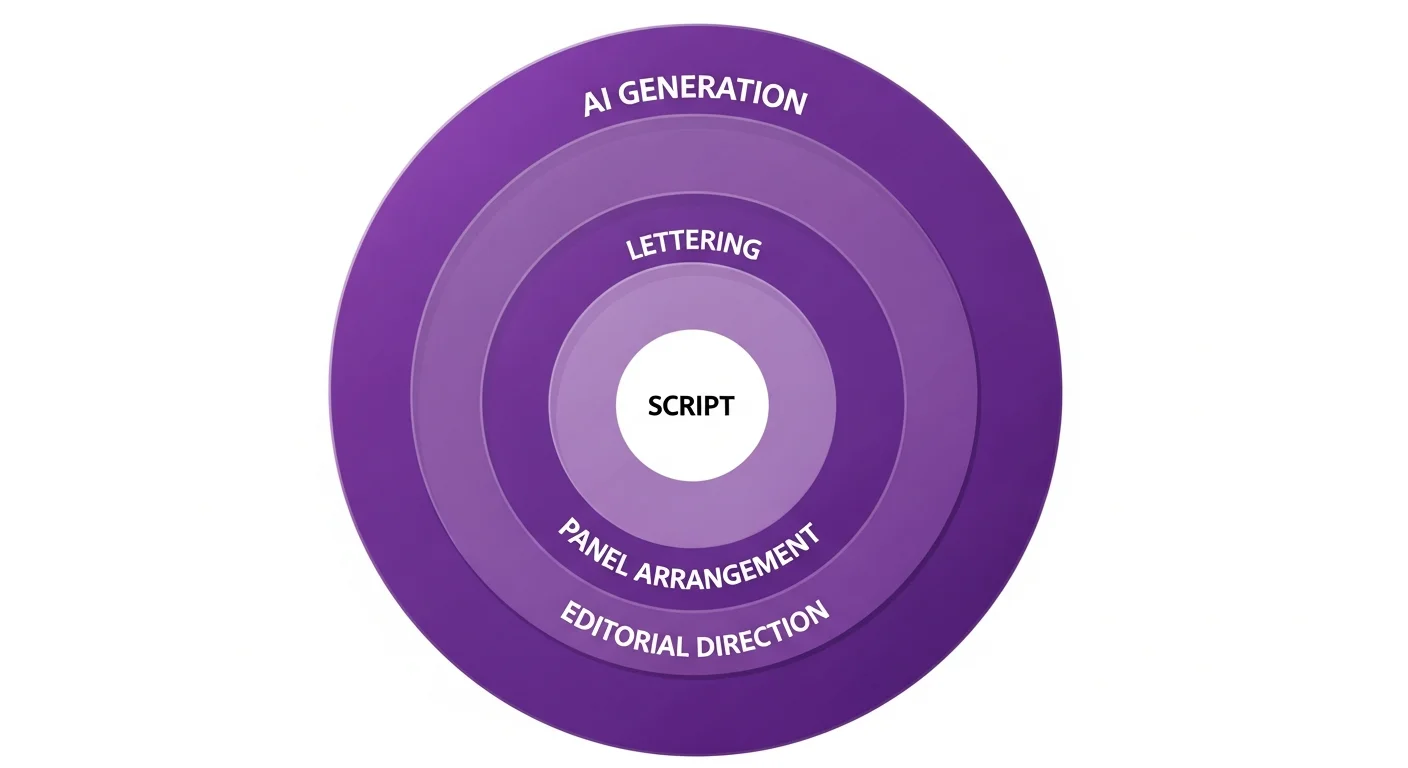 AI comic copyright — human authorship layers diagram showing script, selection, editing, and arrangement