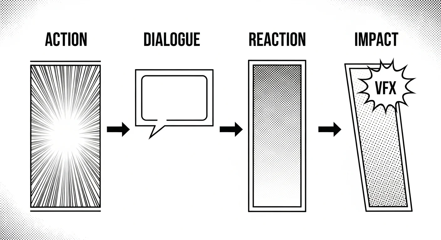 Layout de quadros de manga AI — diagrama de mapeamento de beat para quadro — quatro tipos de beat mapeados para formas e tamanhos de quadros
