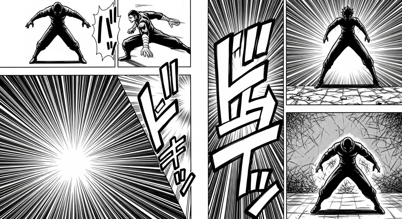 Layout de quadros de manga AI — vitrine de página de manga finalizada — quadros em retícula P&B com cortes diagonais e efeitos visuais de linhas de velocidade