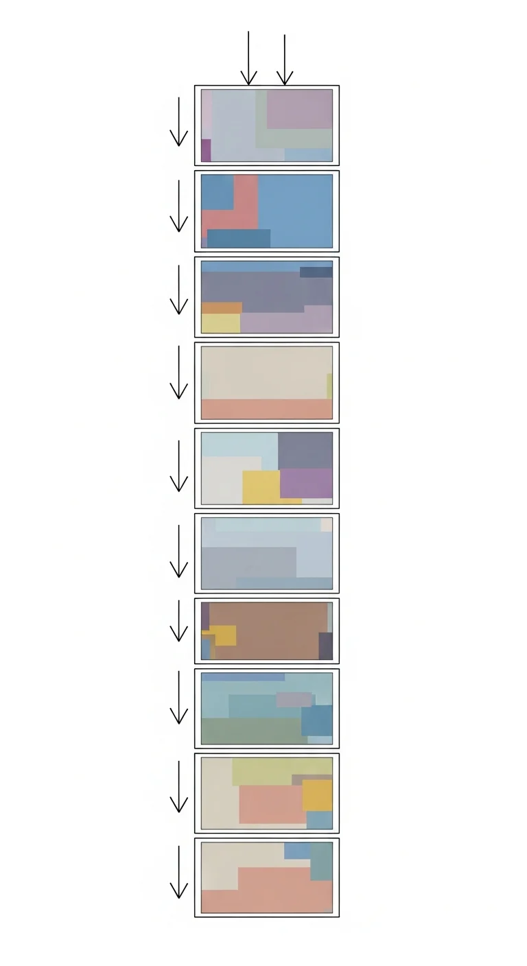 Manhwa vertical-scroll panel composition diagram — stacked panel wireframe, no faces, no figures