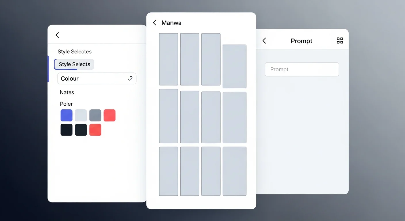 Comistitch studio UI mockup for manhwa generation — abstract interface layout, no faces, no figures
