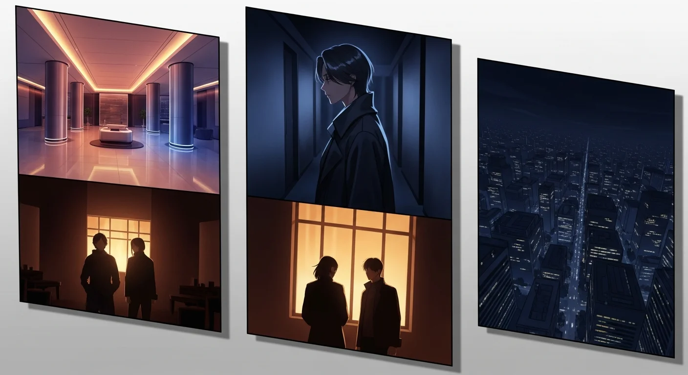 AI manhwa maker online — finished manhwa episode showcase — full-color vertical scroll panels with soft cel shading