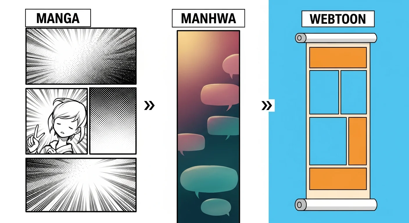 AI manhwa maker online — manhwa vs manga vs webtoon style comparison diagram — three-column panel style breakdown
