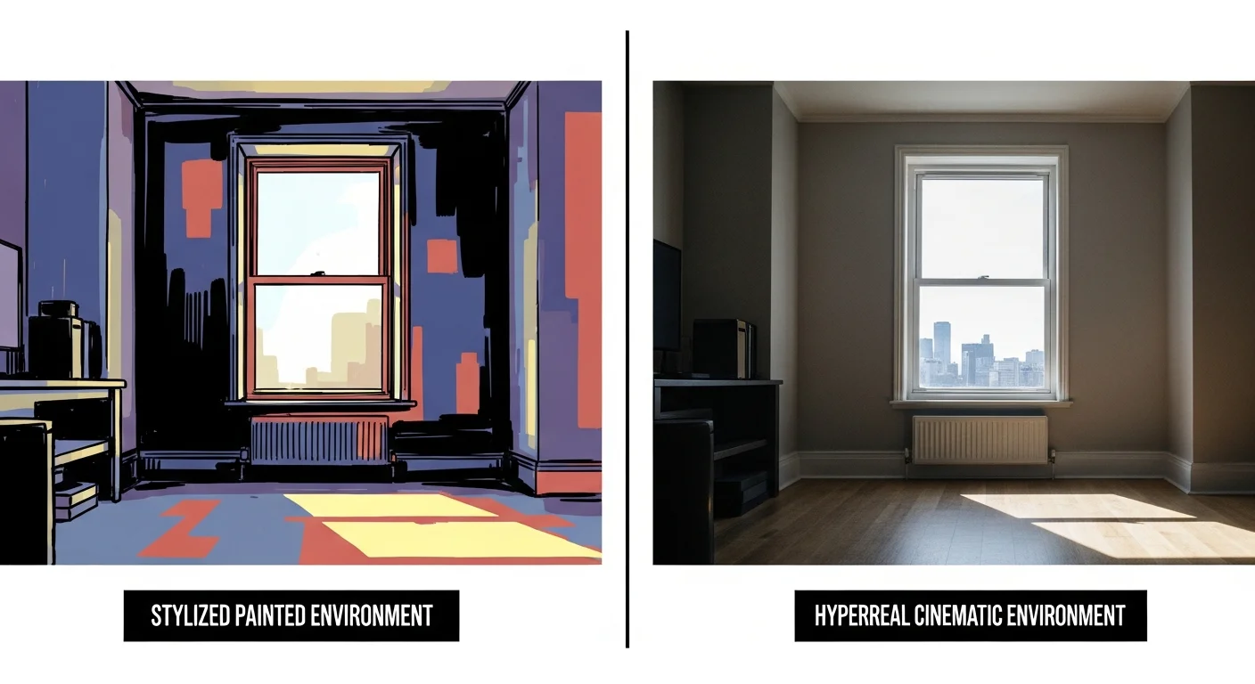 Side-by-side comparison illustration of stylized painted vs hyperreal cinematic comic panels with the same composition