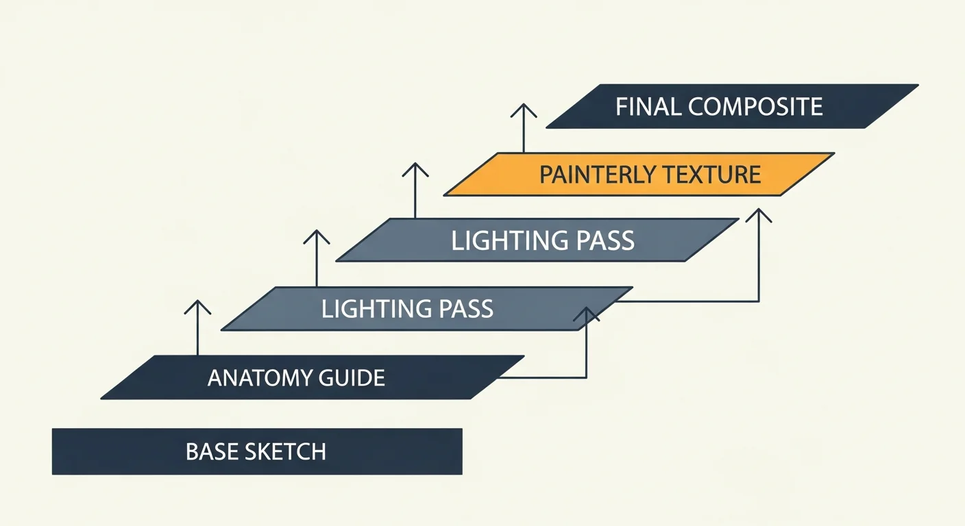 Diagram showing how AI realistic comic rendering layers stack — base sketch, anatomy guide, lighting pass, painterly texture, final composite