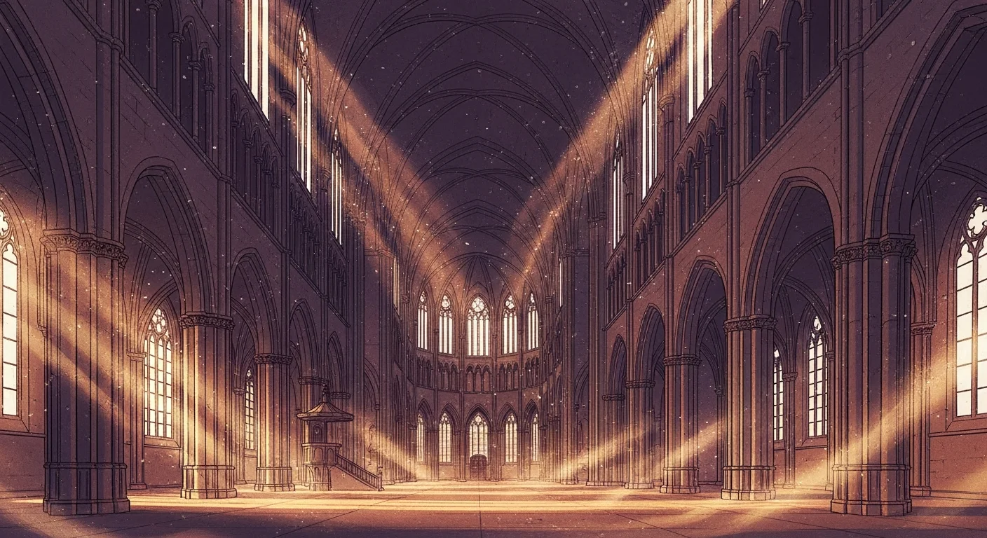 Painted cathedral interior with shafts of stained-glass light — environmental mood reference for Graphic Novel Painted