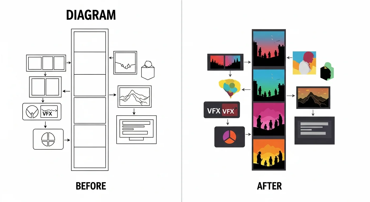 Before and after AI panel generation — blank strip vs filled panels — instructional diagram