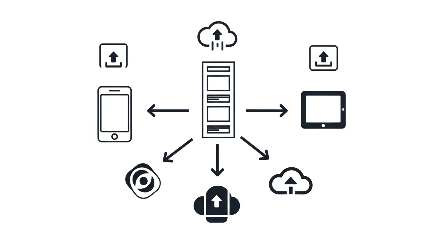 Publishing export destinations — vertical strip to mobile reading apps — flat diagram