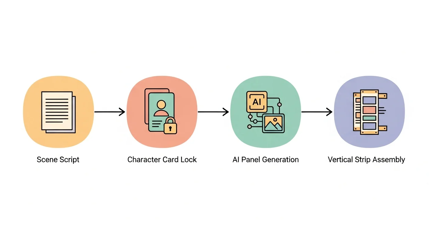 AI webtoon script-to-panel workflow — four-stage flowchart diagram
