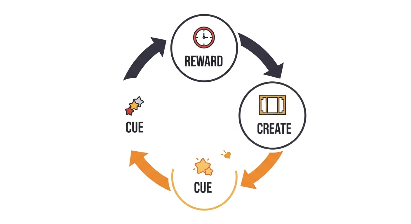 Hábito diário de criação de quadrinhos — diagrama de ciclo de hábito — infográfico circular de deixa, criar, recompensa