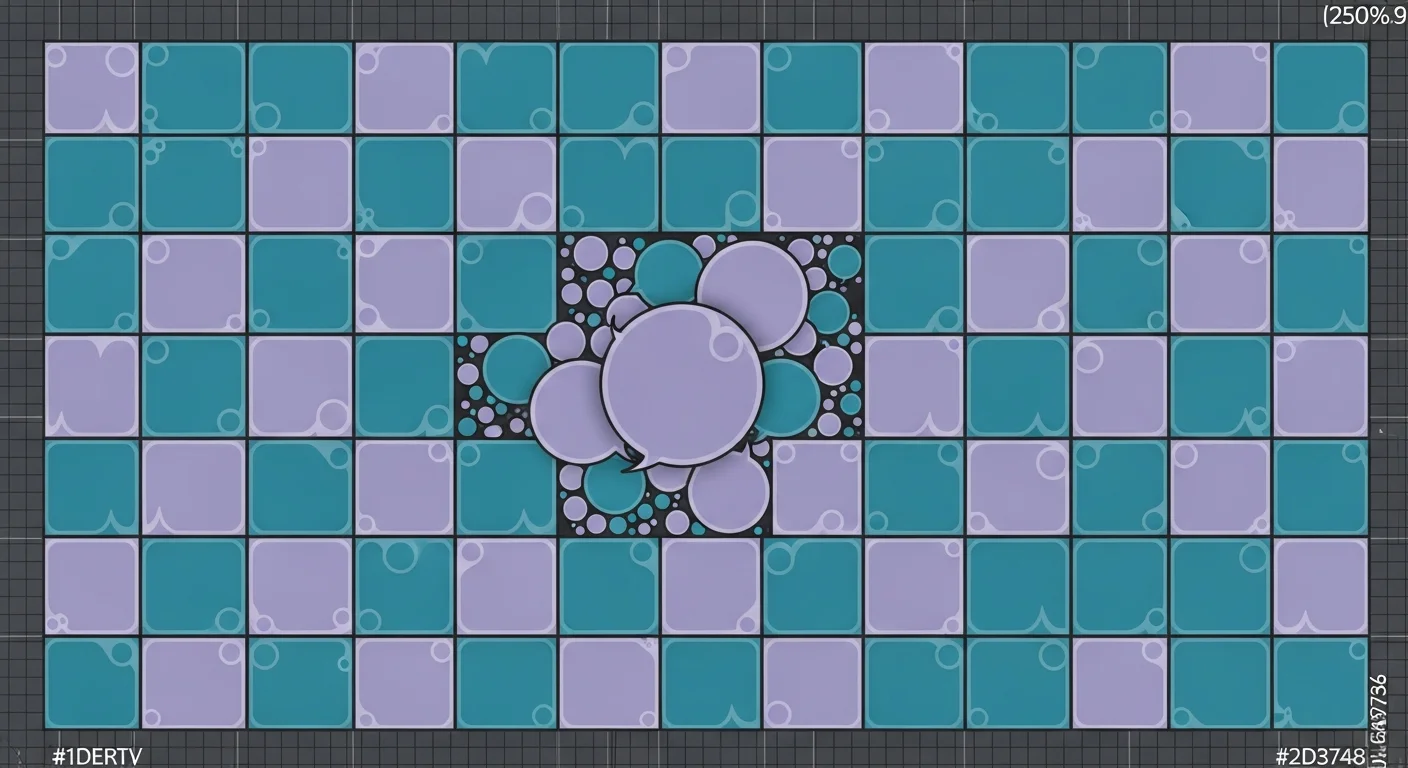 Grid of abstract speech bubble outlines in teal and lavender, representing dialogue placed across comic panels