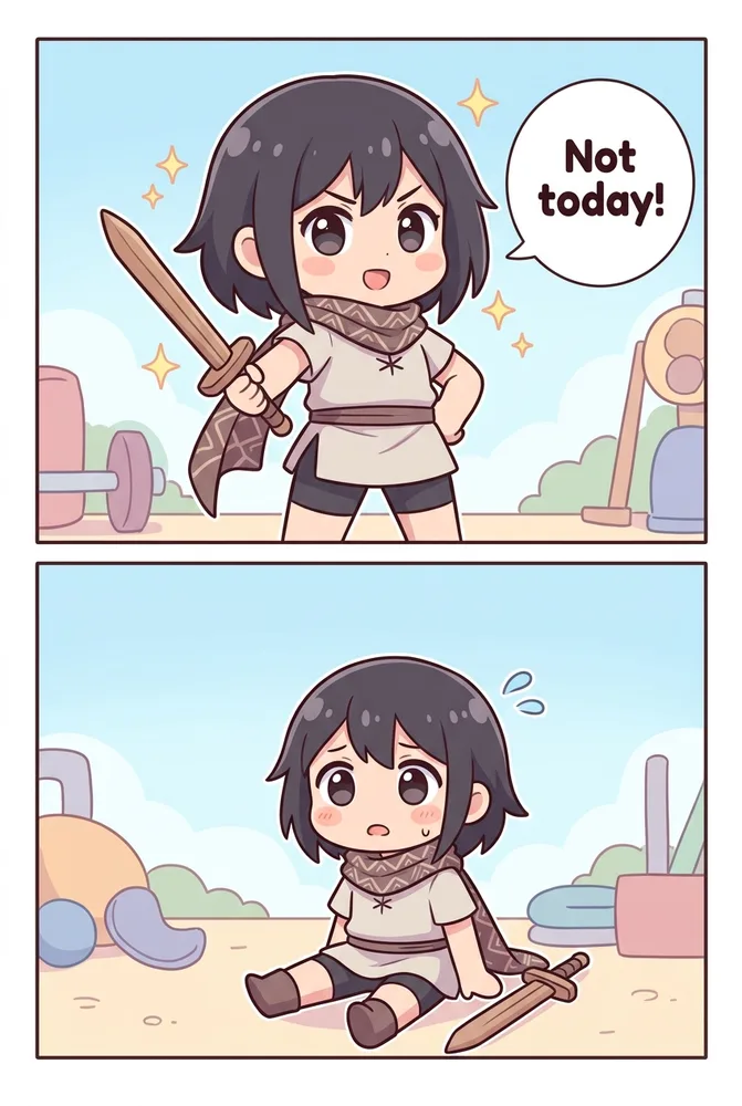 The same character in an action pose, chibi AI comic style with super-deformed proportions