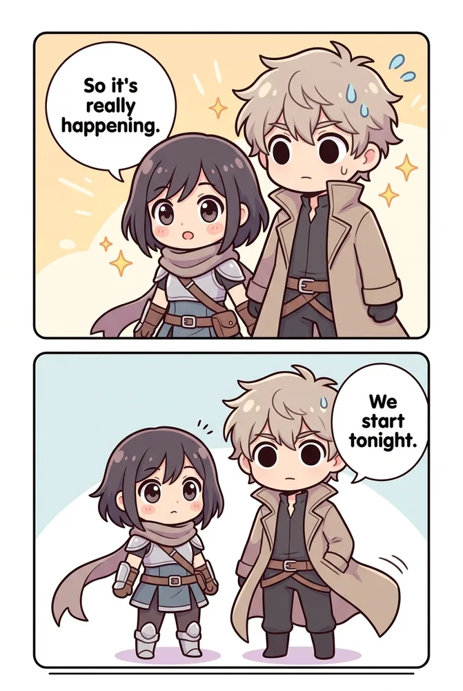 The same character and a companion talk at a café, chibi AI comic style with kawaii proportions