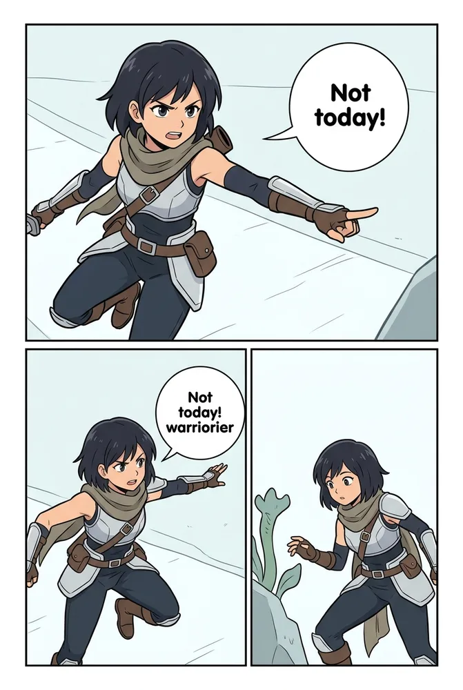 The same character in an action scene, educational AI comic style