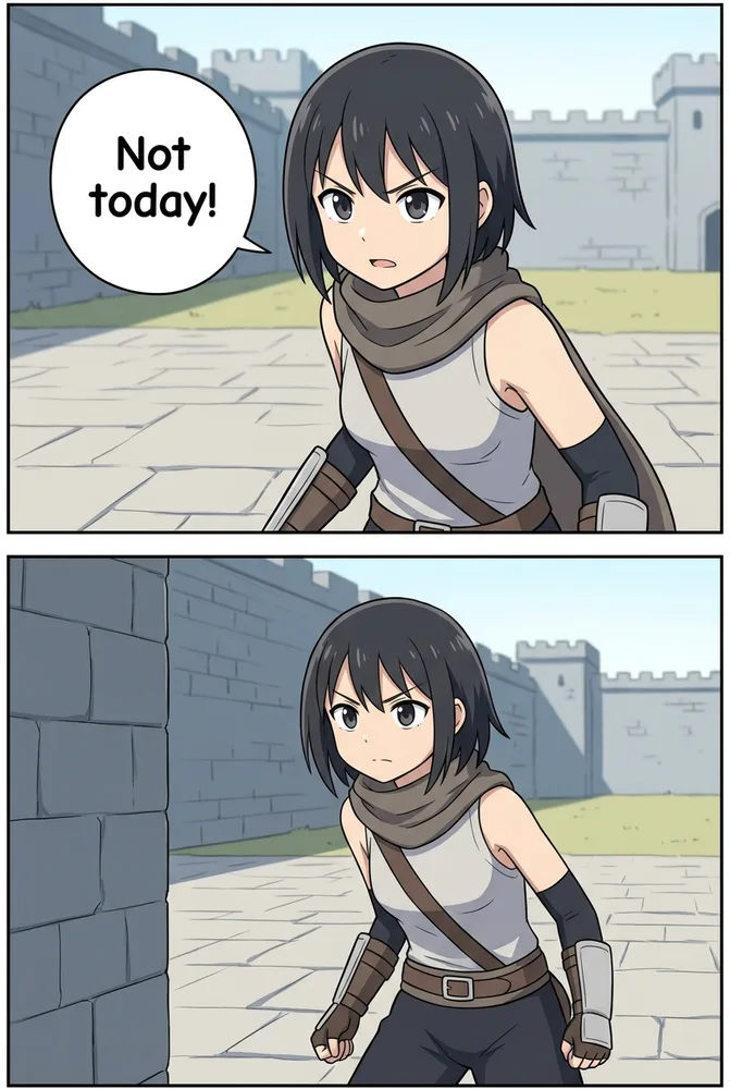 The same character in an action scene, four-koma AI comic style
