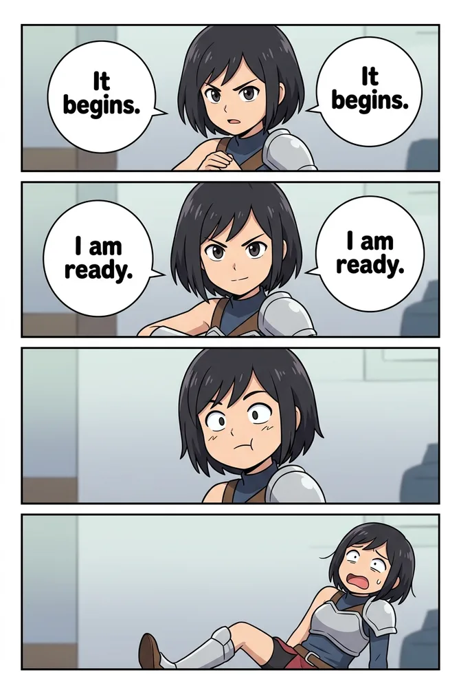 4-koma AI comic art style — flat-color 4-panel gag-strip layout on the same character