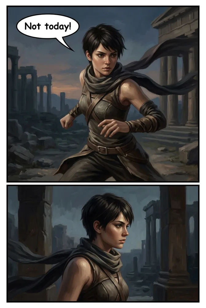 The same character in an action scene, graphic novel painted AI comic style