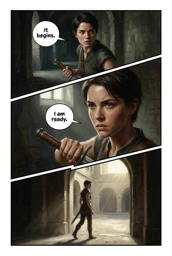 Graphic novel painted AI comic art style — museum-grade oil realism chiaroscuro on the same character