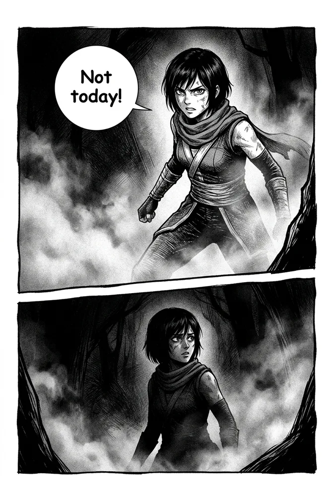 The same character in an action scene, horror AI comic style