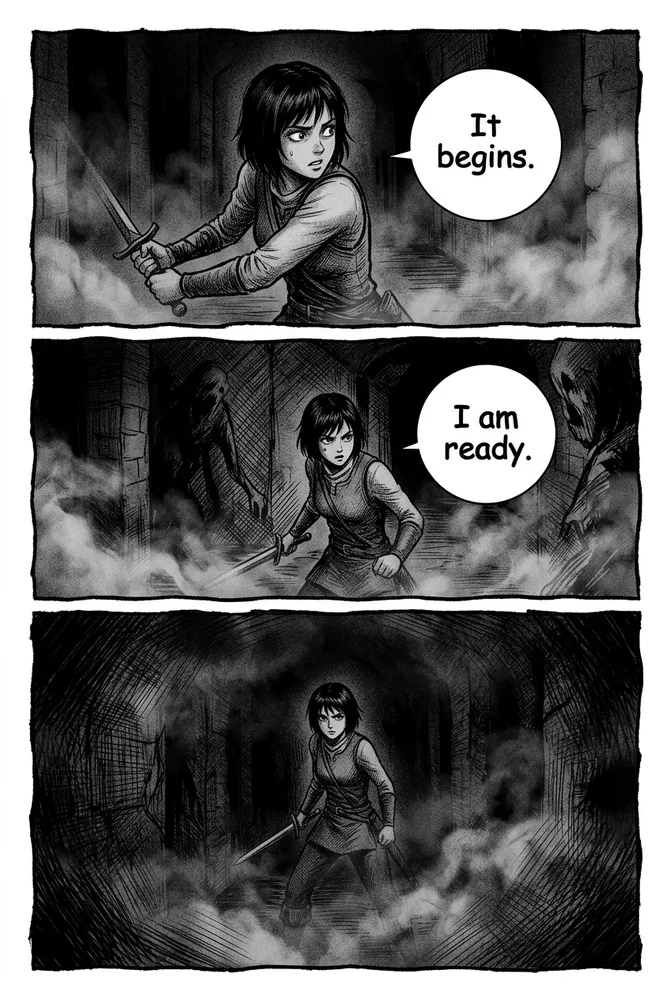 Horror AI comic art style — grainy cross-hatch ink and environmental fog on the same character