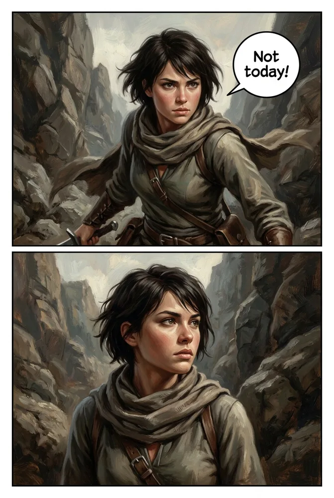 The same character in an action scene, hyperreal painted AI comic style