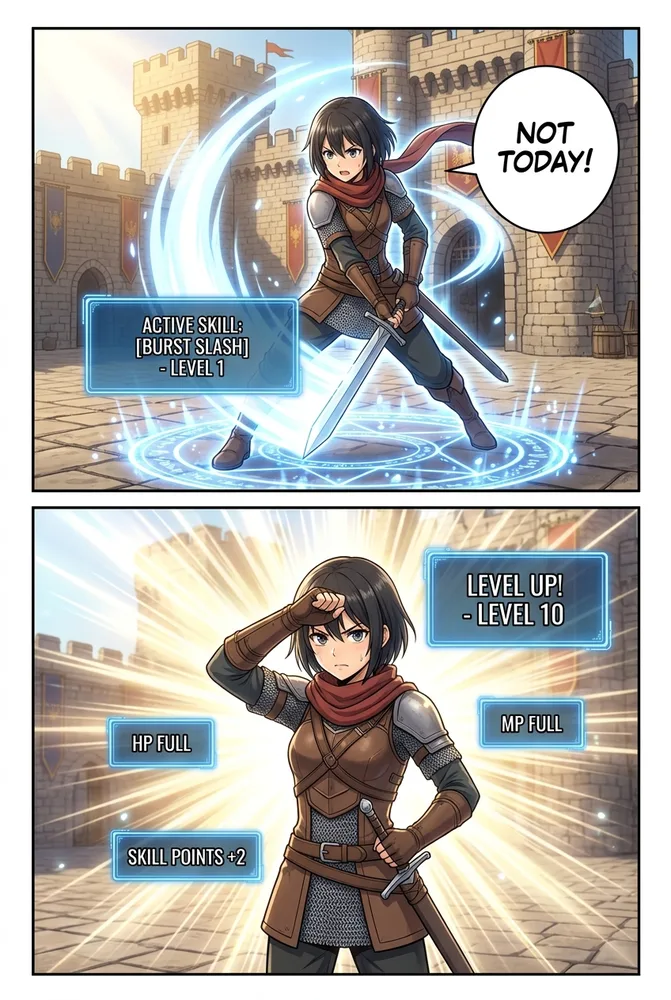 The same character in an action scene, isekai AI comic style