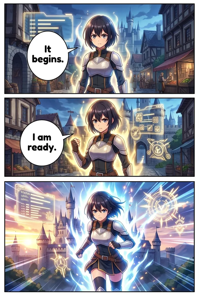 Isekai AI comic art style — RPG status-window UI and power-aura FX on the same character
