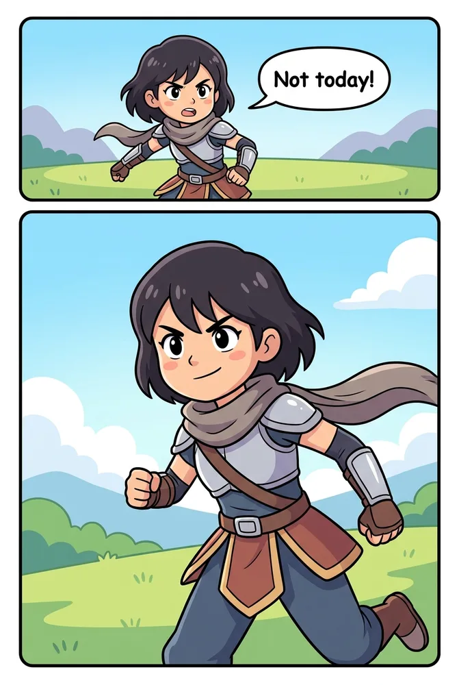 The same character in an action scene, kids AI comic style