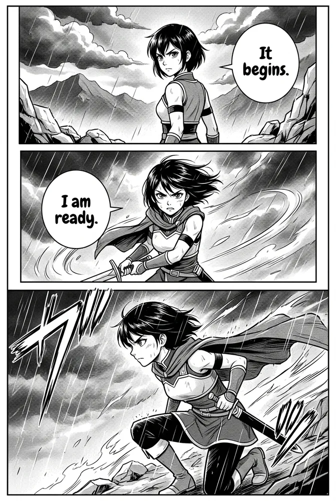 Manga Classic AI comic art style — black-and-white screentone action linework on the same character