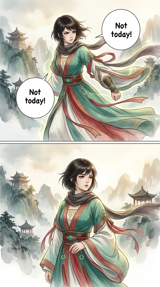The same character in an action scene, manhua AI comic style
