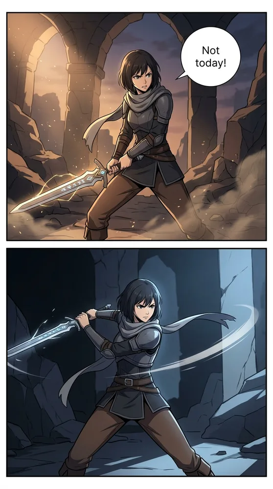 The same character in an action pose, manhwa AI comic style with cinematic cel-shaded lighting
