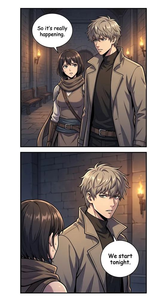 The same character and a companion talk at a café, manhwa AI comic style with glossy cel-shading