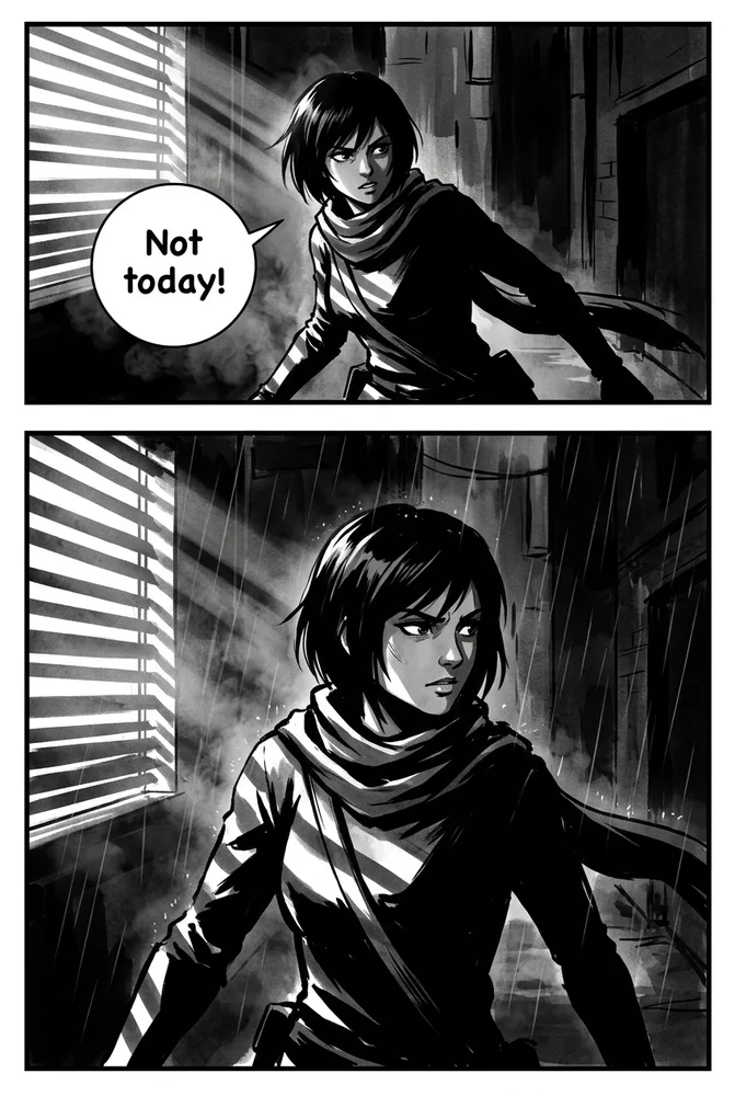 The same character in an action scene, noir detective AI comic style