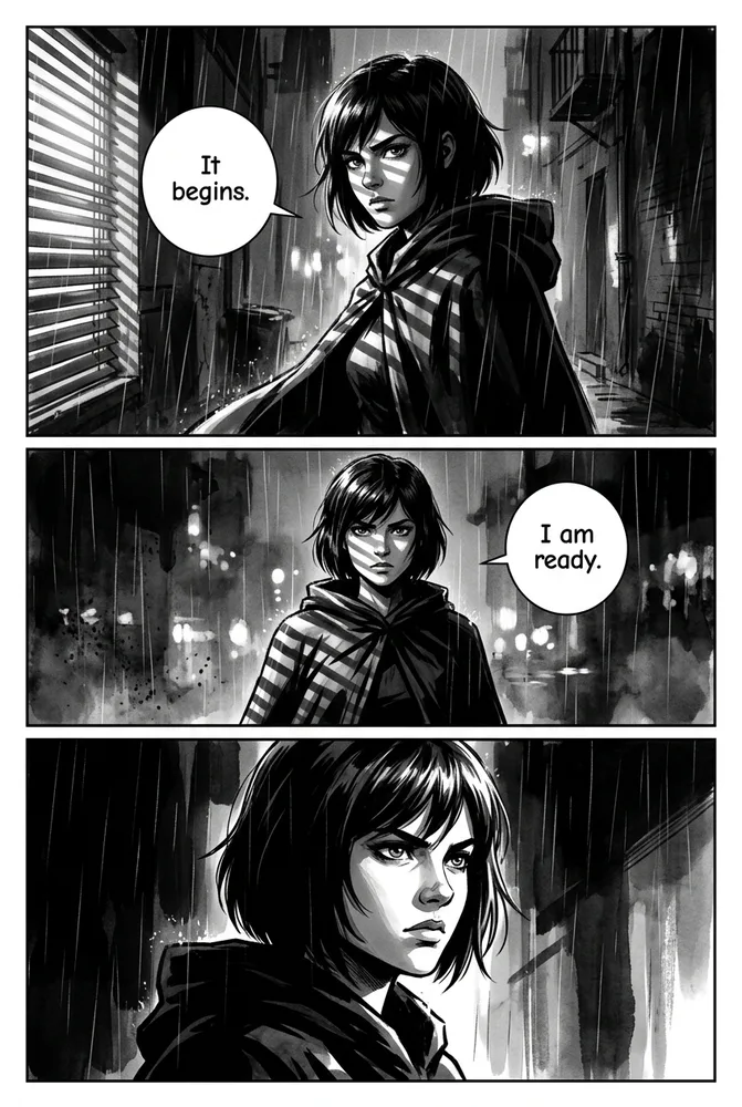 Noir detective AI comic art style — heavy chiaroscuro ink and rain-lit mood on the same character