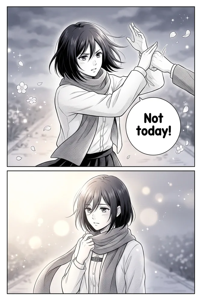 The same character in an action scene, romance manga AI comic style