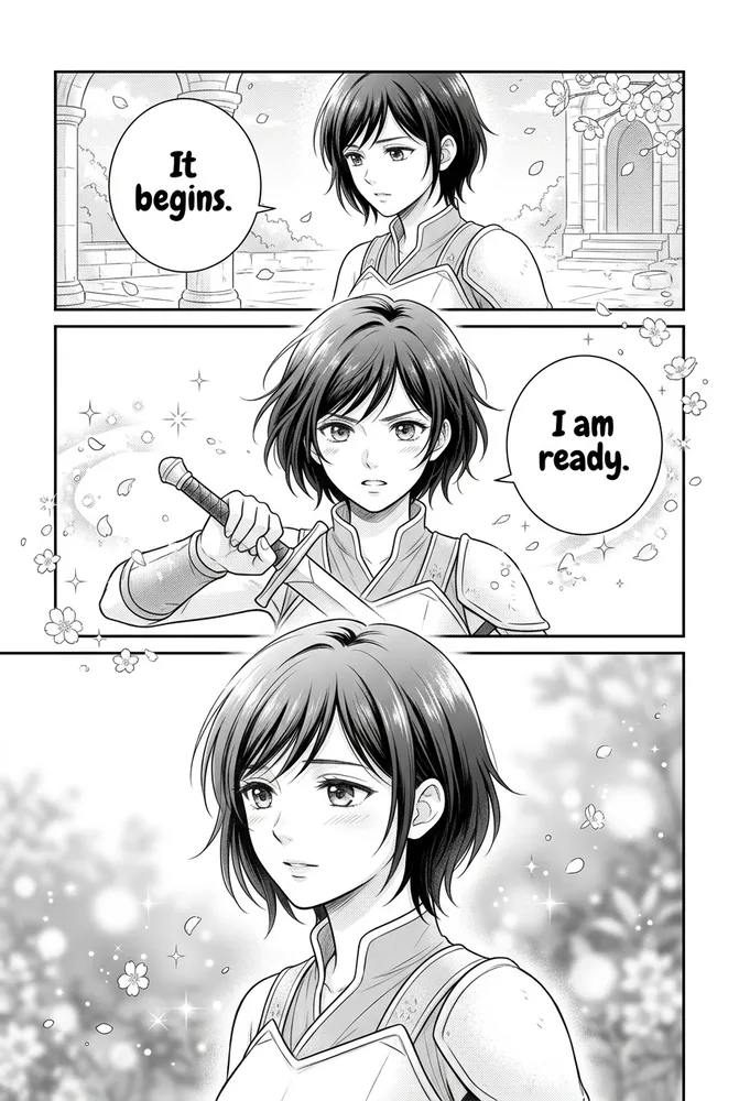 Romance manga AI comic art style — shojo screentone with sparkle FX on the same character