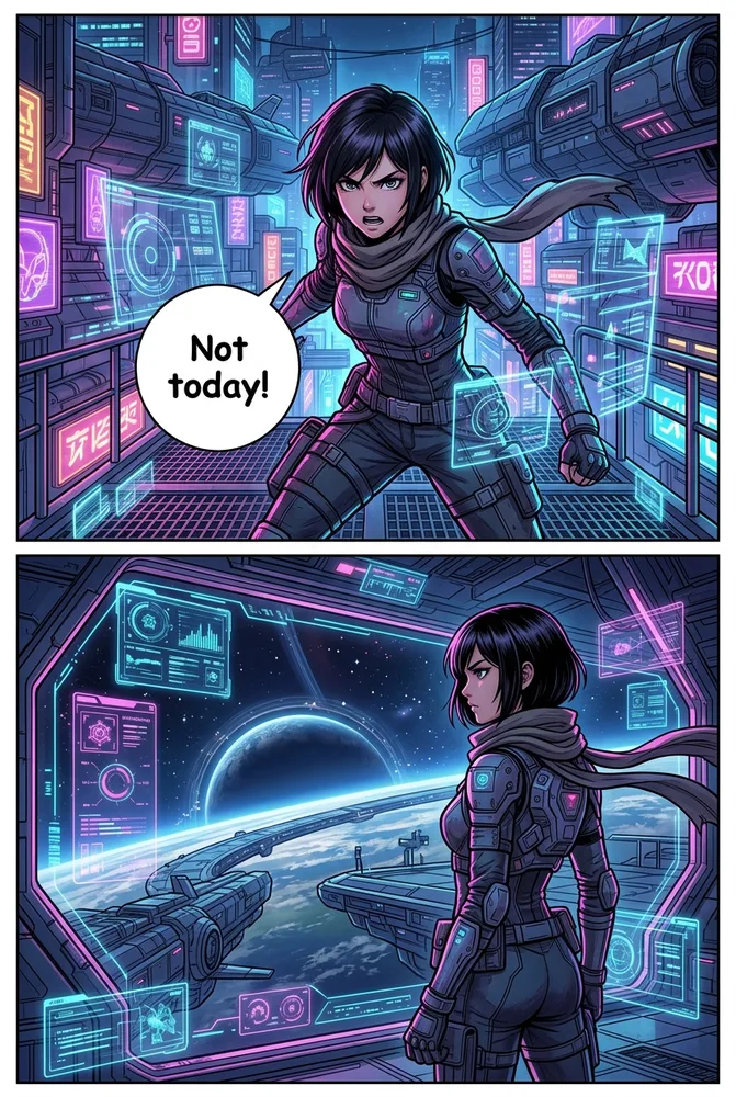 The same character in an action pose, sci-fi AI comic style with holographic UI effects