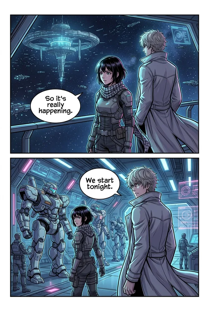 The same character and a companion talk at a café, sci-fi AI comic style with neon rim light