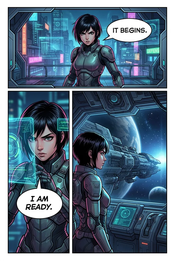 Sci-fi AI comic art style — neon holographic UI and hard rim light on the same character