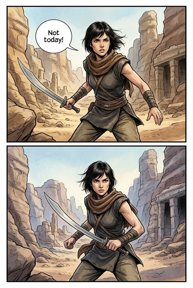 The same character in an action scene, semi-realistic AI comic style