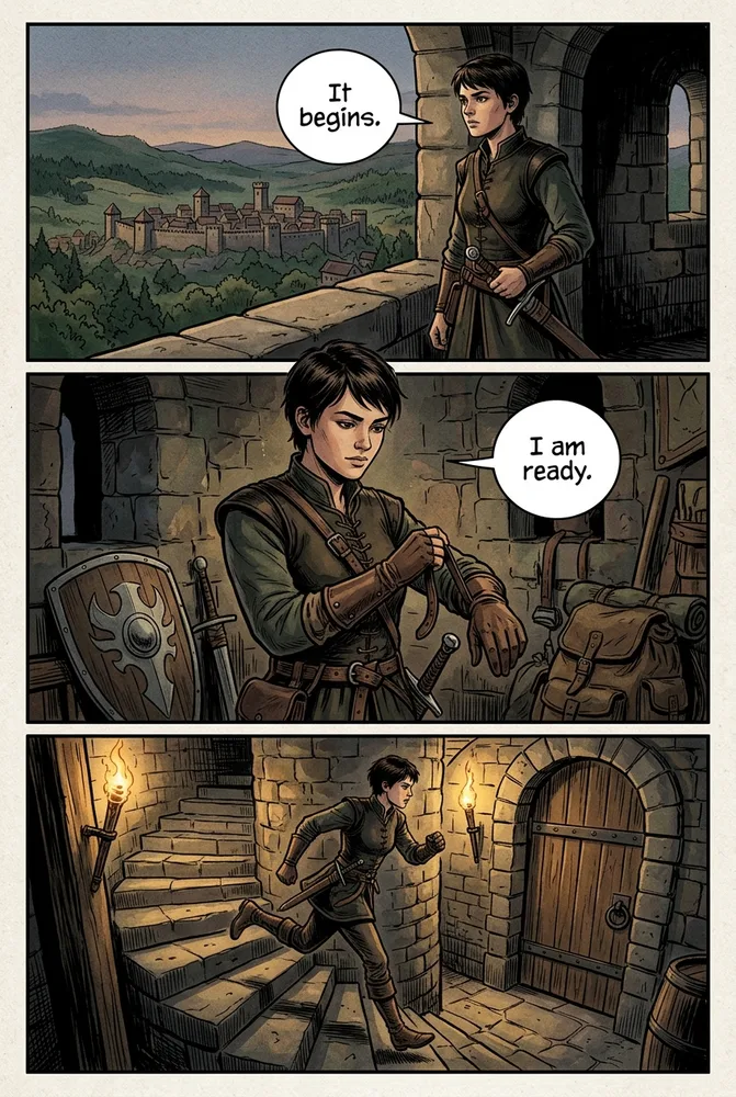 Semi-realistic AI comic art style — inked line over watercolor-gouache wash on the same character