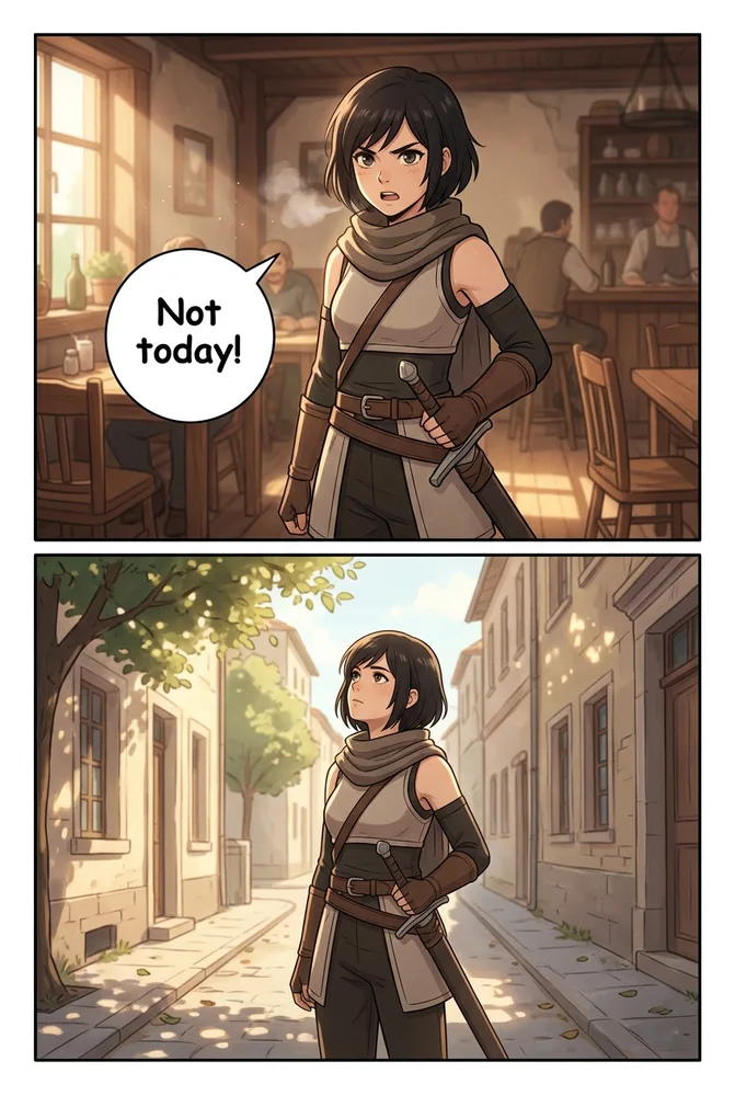 The same character in an action scene, slice-of-life AI comic style