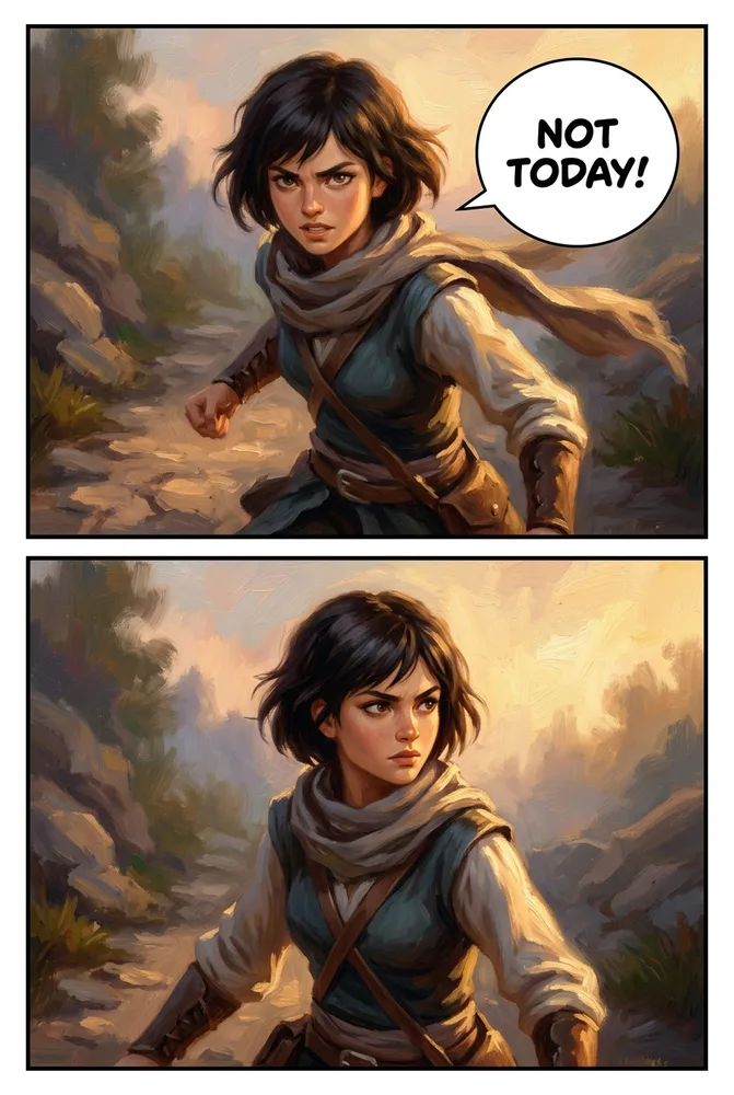 The same character in an action pose, storybook oil-painting AI comic style with golden-hour light