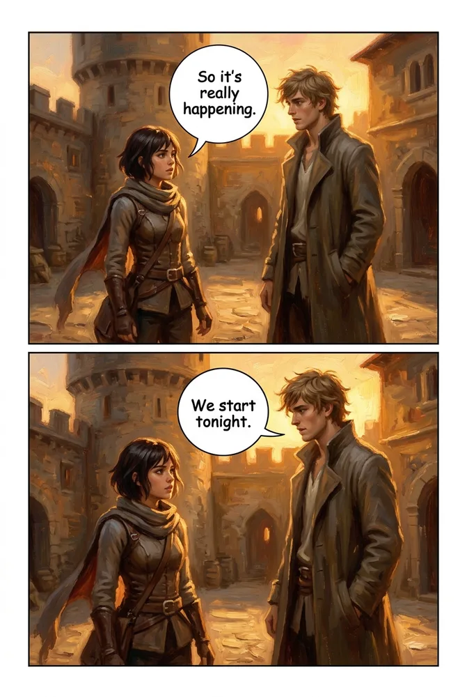 The same character and a companion talk at a café, storybook oil-painting AI comic style