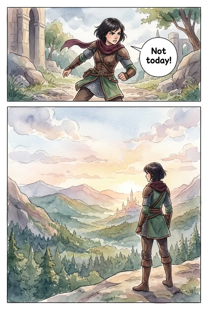 The same character in an action scene, watercolor fantasy AI comic style