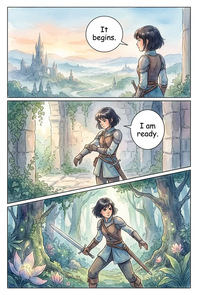 Watercolor fantasy AI comic art style — soft painted wash and dreamy bleed on the same character