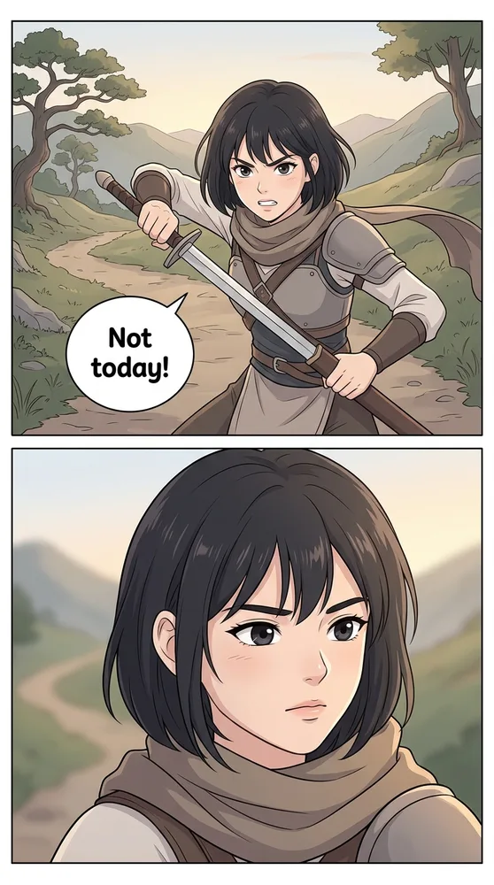 The same character in an action scene, webtoon AI comic style