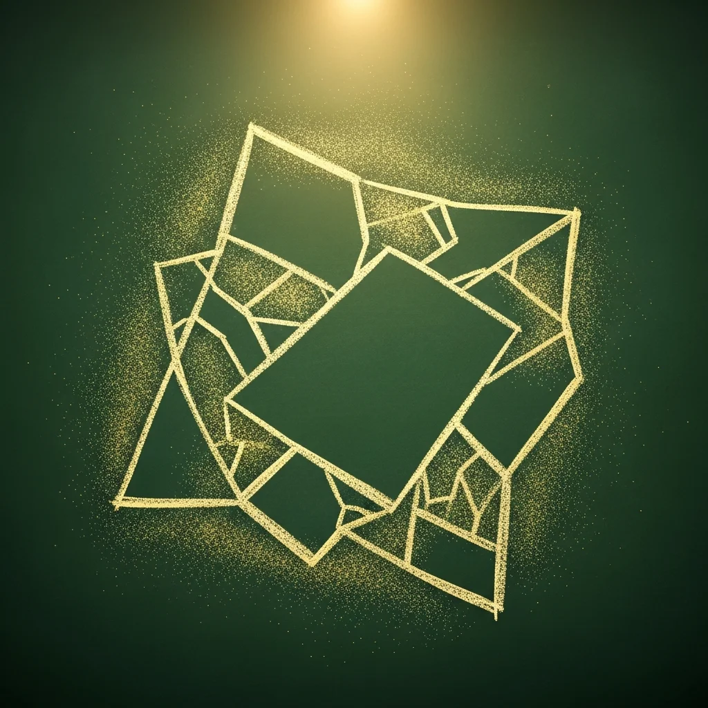 Traços abstratos de giz e marcas geométricas em uma superfície de quadro-negro verde em tons âmbar e branco